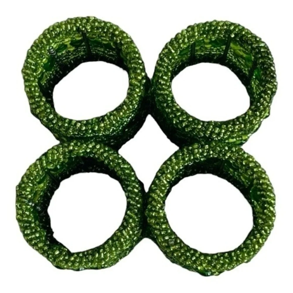 Vintage Green Micro Beaded Napkin Rings Set of 4 Handmade India Moroccan 2